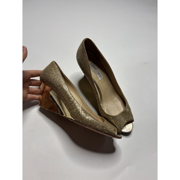 JIMMY CHOO Metallic Champagne Glitter Baxen Peep Toe Wedge DESIGNER Shoes Sz 40